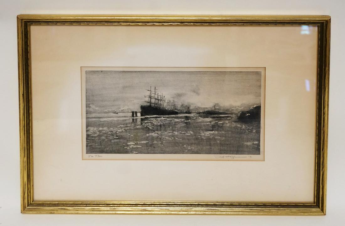 STEVE HOFFMAN SIGNED ENGRAVING: STEVE HOFFMAN SIGNED ENGRAVING TITLED *ICE FLOATS* 1931, APPROXIMATELY 20 IN X 15 1/4 IN OVERALL
