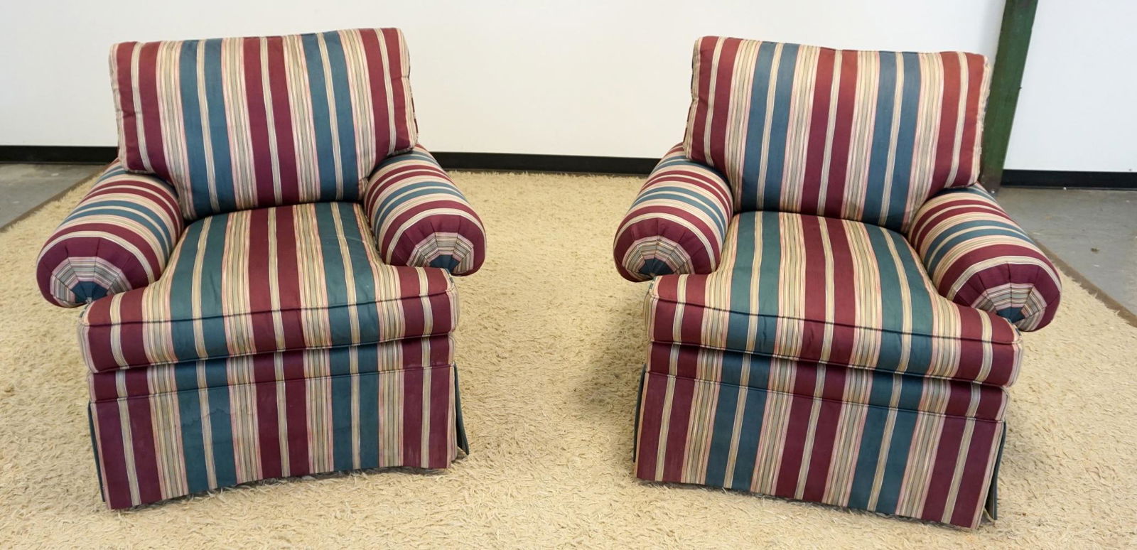 2 HENREDON UPHOLSTERED ARMCHAIRS: 2 HENREDON UPHOLSTERED ARMCHAIRS, SOME STAINING ON BASE OF ONE CHAIR