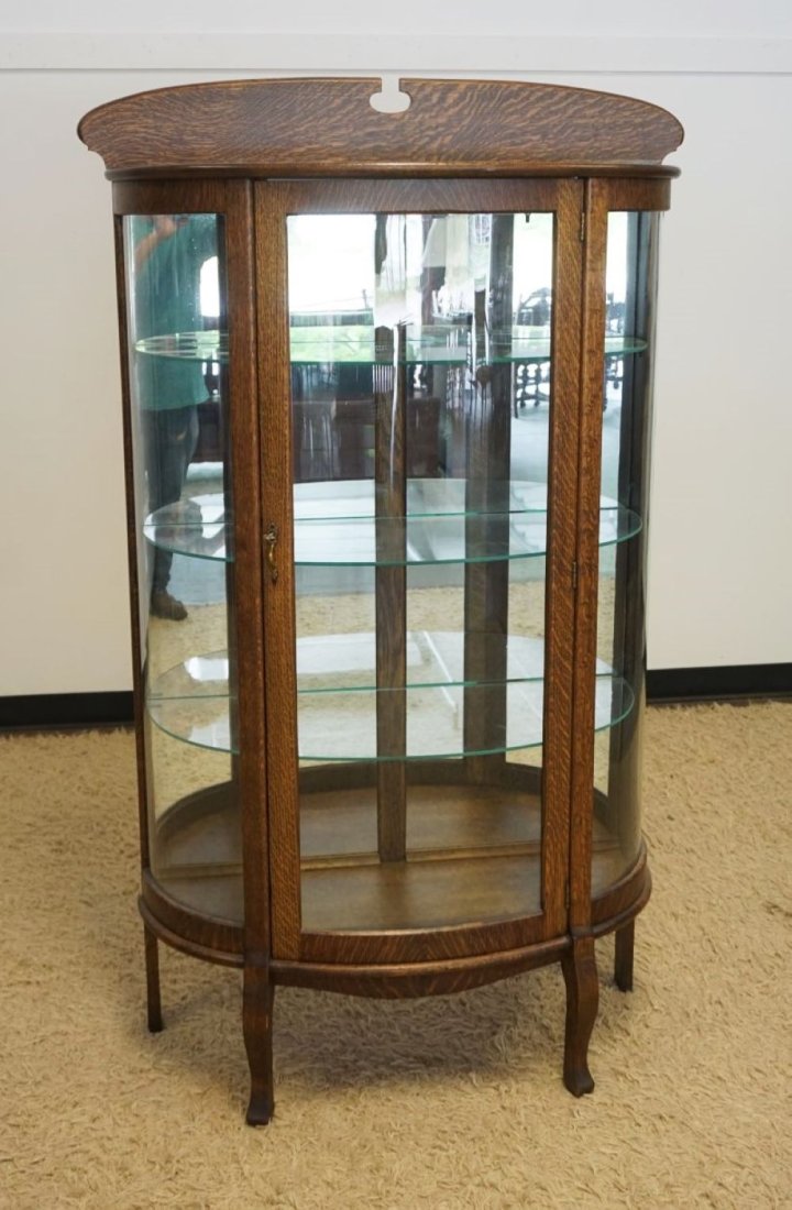 ANTIQUE MIRROR BACK OAK CRYSTAL CABINET (1 of 3)
