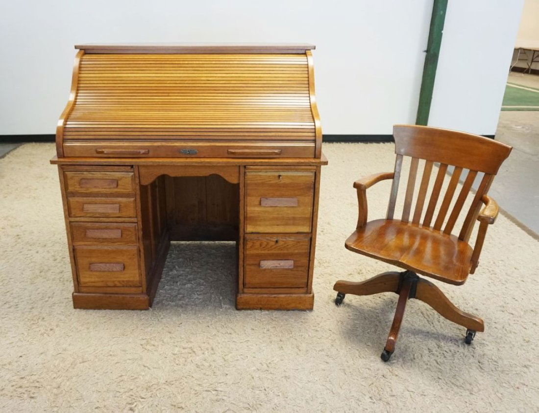 OAK ROLL TOP DESK & CHAIR (1 of 6)