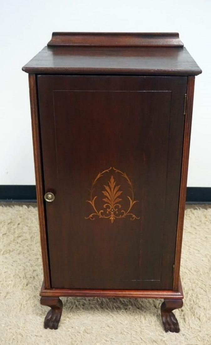 MAHOGANY MUSIC CABINET: MAHOGANY MUSIC CABINET WITH INLAID DOOR FRONT AND CARVED PAW FEET, APPROXIMATELY 20 IN X 15 IN X 39 IN H