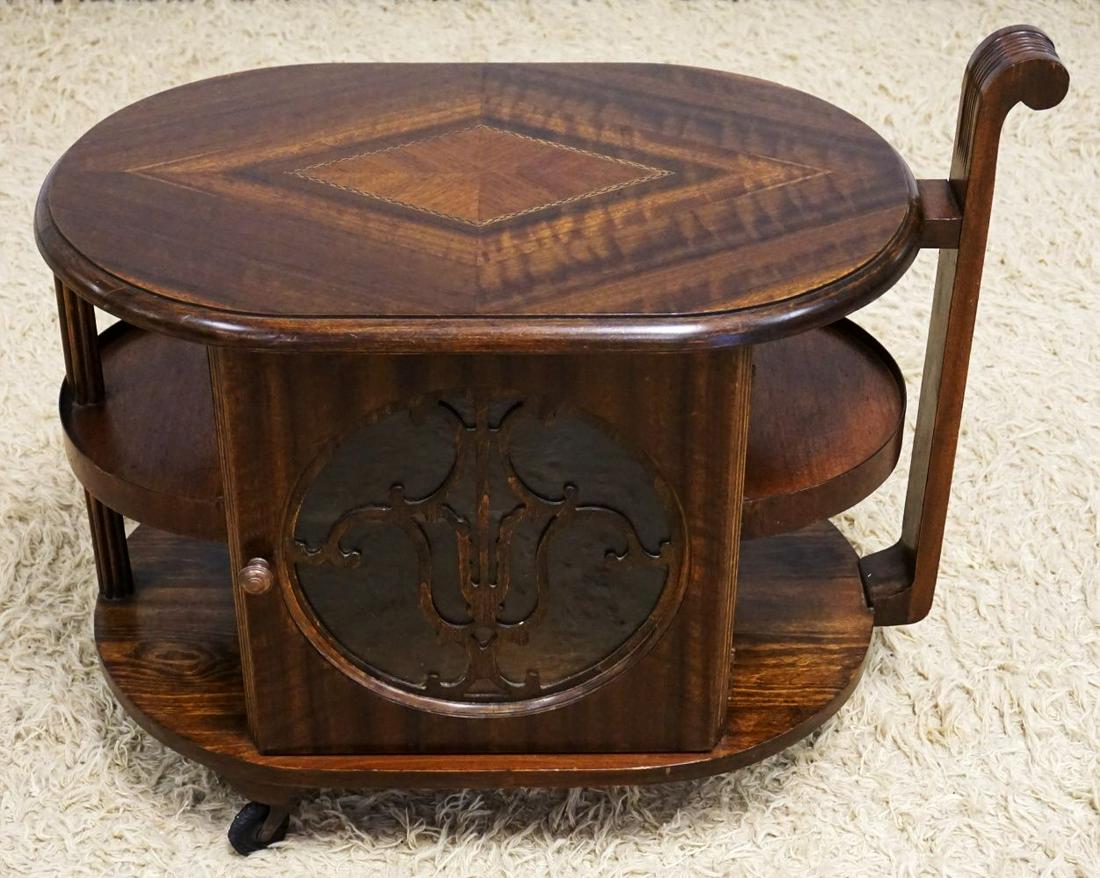 ART DECO STYLE WALNUT ROLLING CART: ART DECO STYLE WALNUT INLAID ROLLING CART, APPROXIMATELY 28 IN X 17 IN X 23 IN