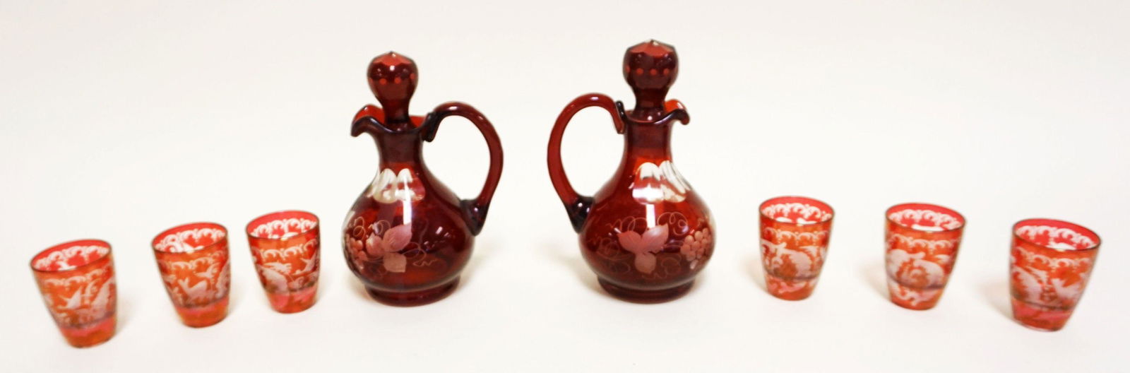 RUBY CUT TO CLEAR CORDIALS & 2 CRUETS (1 of 3)