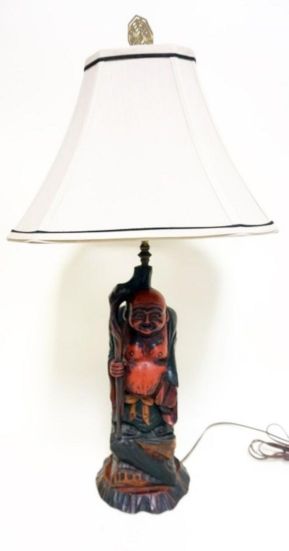 CARVED WOOD ASIAN MAN  FIGURAL LAMP (1 of 2)