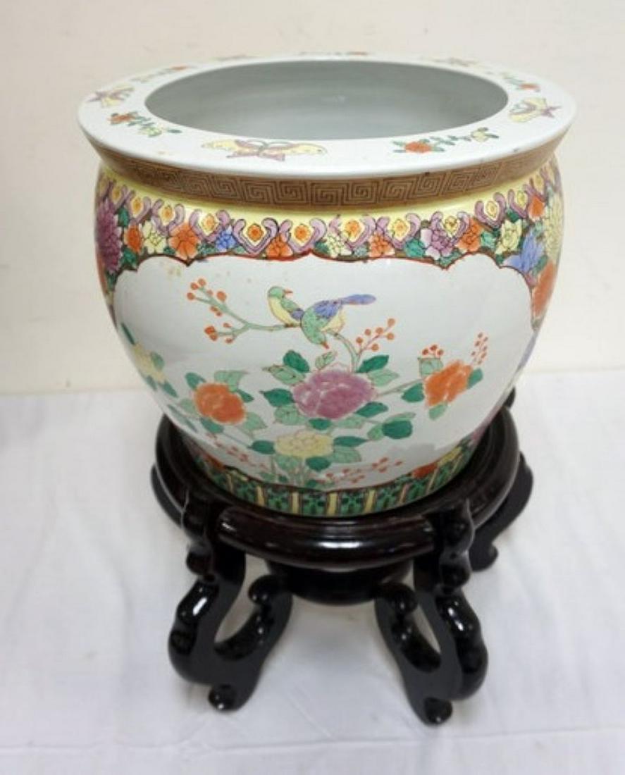 KOI FISH BOWL PLANTER ON WOOD STAND: KOI FISH BOWL PLANTER ON WOOD STAND, BOWL APPROXIMATELY 14 IN X 12 IN H