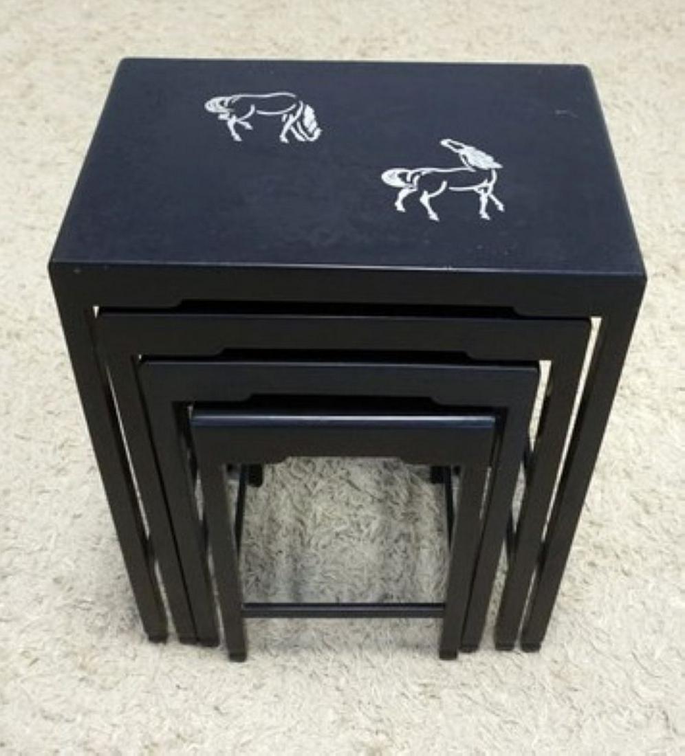 NEST OF 4 BLACK LACQUERED TABLES: NEST OF 4 BLACK LACQUERED TABLES WITH INLAID METAL HORSE DESIGN ON TOPS, APPROXIMATELY 21 IN X 14 IN X 27 IN H