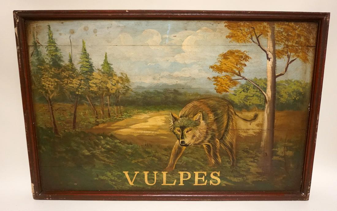 OIL PAINTING ON BOARD OF FOX: OIL PAINTING ON BOARD OF FOX IN FORREST, APPROXIMATELY 25 IN X 38 IN