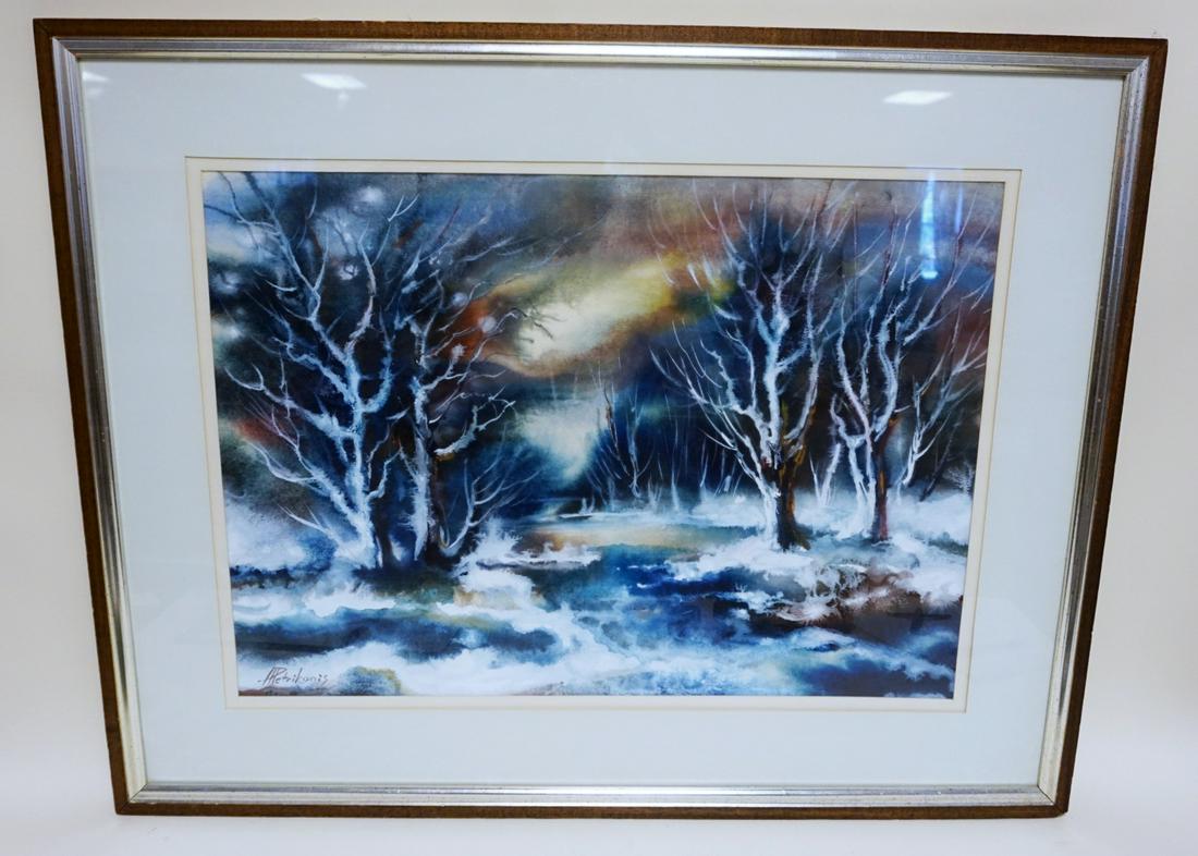 LARGE ABSTRACT WATERCOLOR OF STREAM & FORREST: LARGE ABSTRACT WATERCOLOR OF STREAM & FORREST SIGNED A PERTRIKONIS, APPROXIMATELY 30 IN X 38 IN