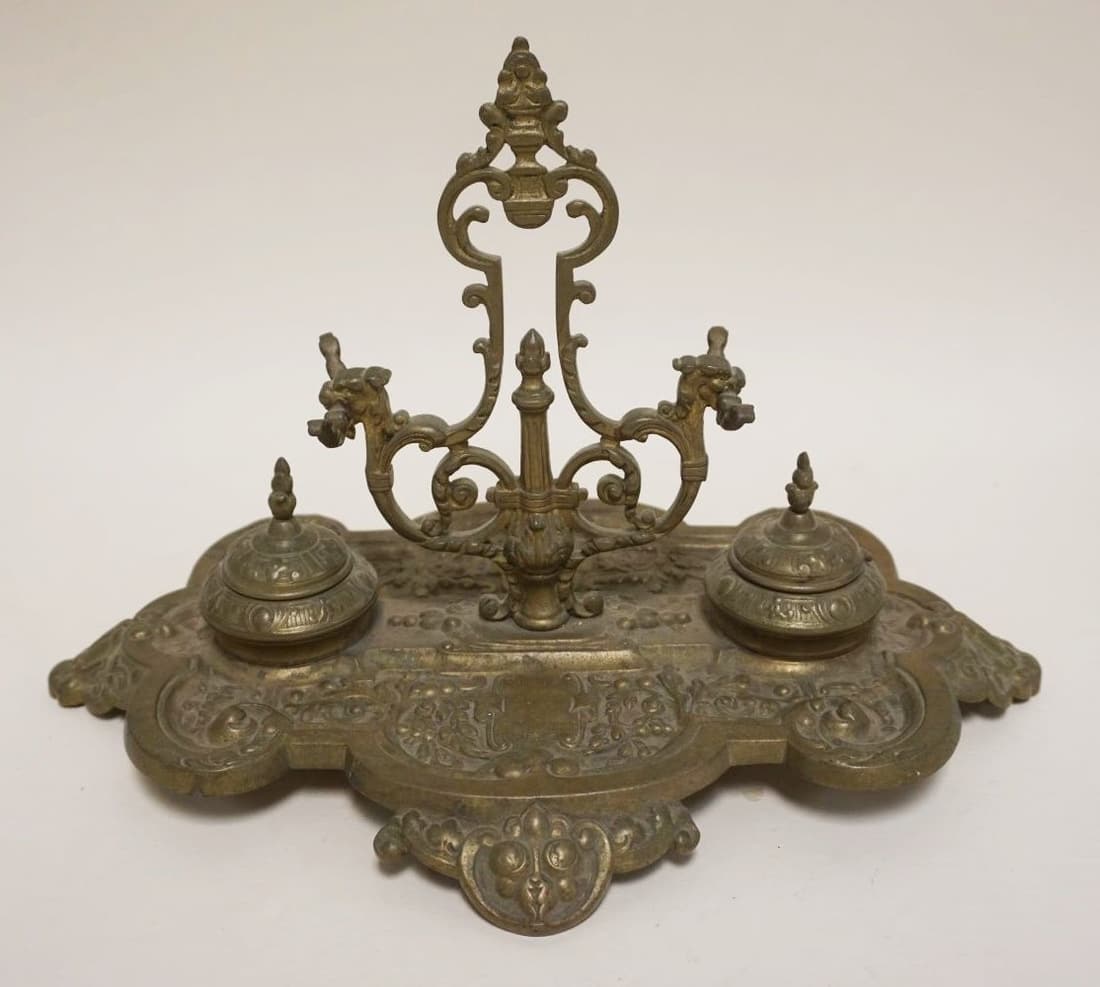 ORNATE VICTORIAN BRASS DOUBLE INKWELL (1 of 4)
