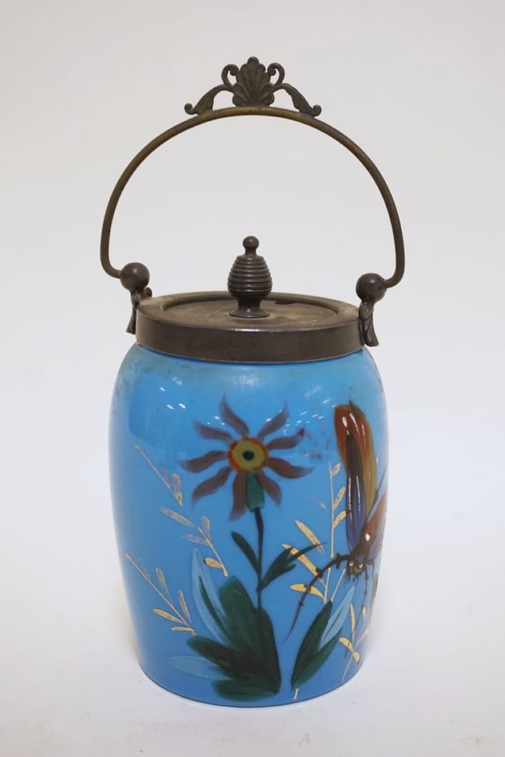 VICTORIAN ENAMELED BLUE GLASS COVERED JAR (1 of 2)