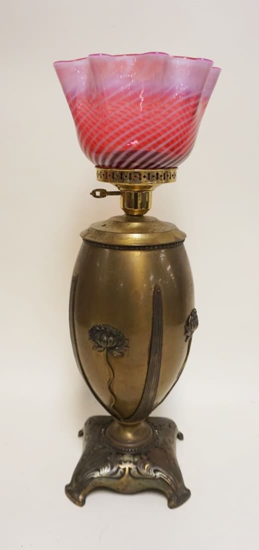 ART NOUVEAU LAMP: ART NOUVEAU LAMP BASE W/CRANBERRY OPALESCENT SWIRL SHADE, LAMP TOP NOT ORIGINAL, APPROXIMATELY 24 IN HIGH