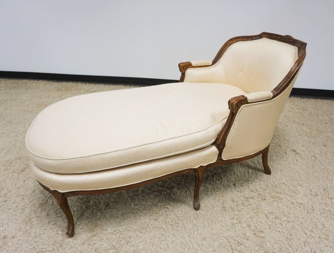 FENCH PROVINCIAL UPHOLSTERED CHAISE LOUNGE: FENCH PROVINCIAL UPHOLSTERED CHAISE LOUNGE, UPHOLSTERY WORN, APPROXIMATELY 29 IN X 65 IN X 39 IN HIGH