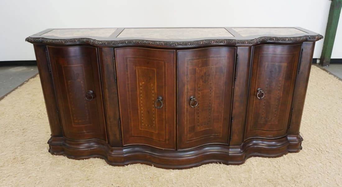 SIDEBOARD W/INSET MARBLE TOP: SIDEBOARD W/INSET MARBLE TOP, BANDED & INLAID DRAWERS, APPROXIMATELY 83 IN X 22 IN X 38 IN HIGH