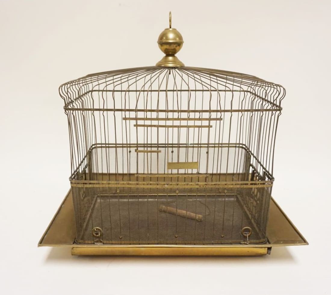 ANTIQUE HENDRIX BRASS BIRD CAGE: ANTIQUE HENDRIX BRASS BIRD CAGE, APPROXIMATELY 12 IN X 17 IN X 18 IN HIGH