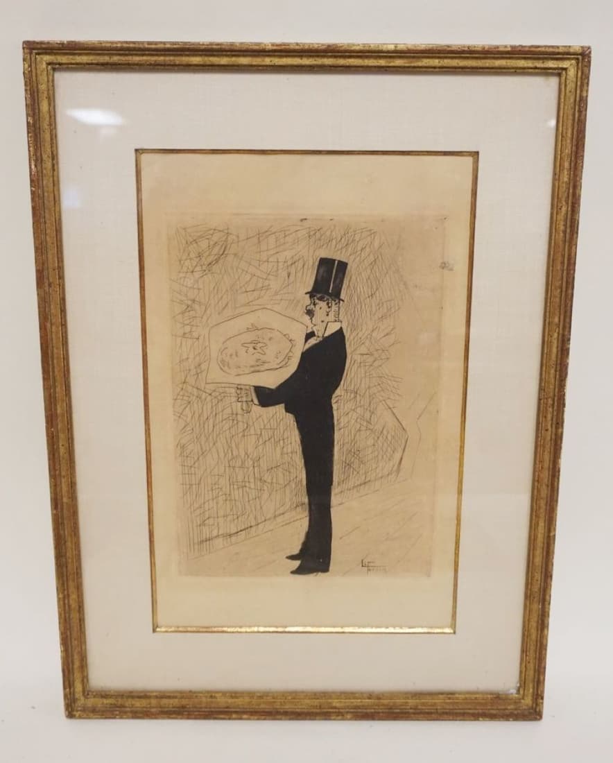 ARTIST SIGNED ETCHING OF GENTLEMAN: ARTIST SIGNED ETCHING OF GENTLEMAN W/TOP HAT, APPROXIMATELY 15 IN X 20 IN