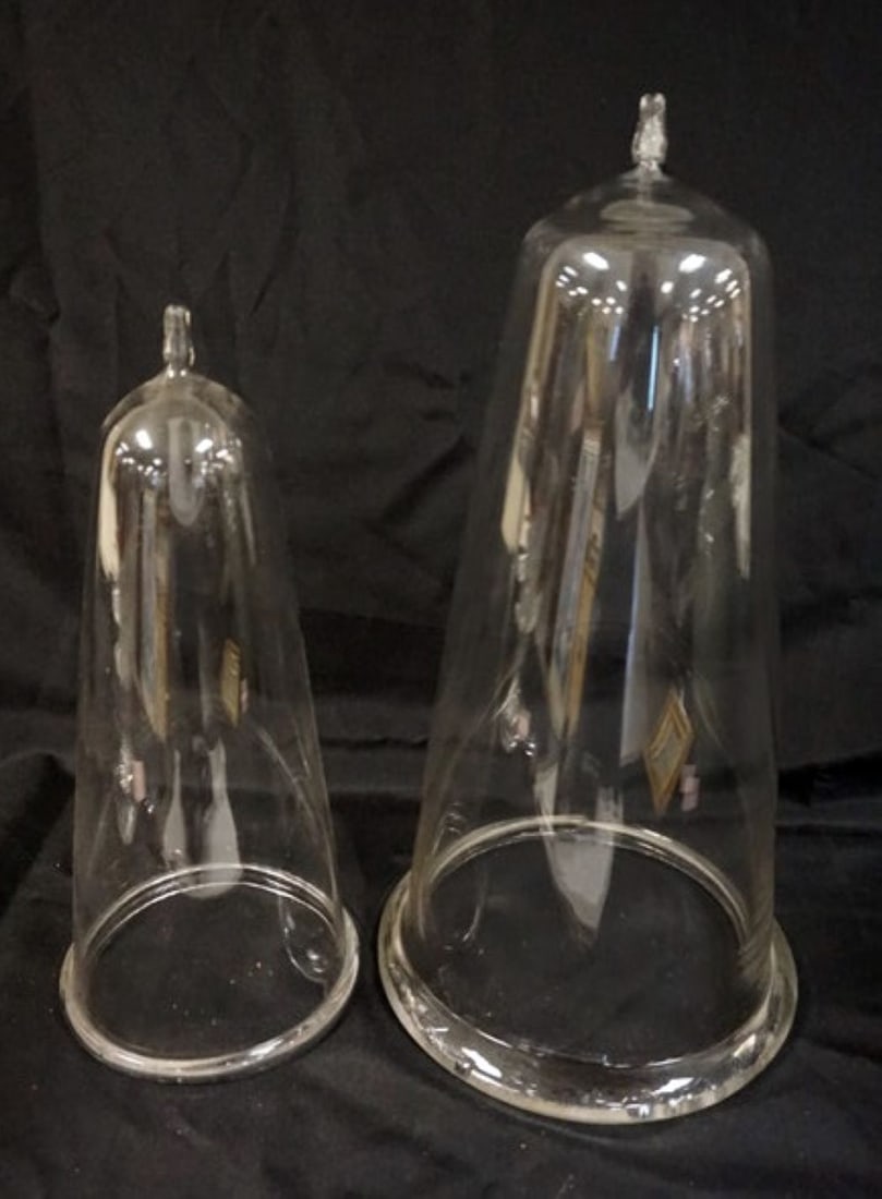 ANTIQUE GLASS APOTHCARY CONICAL GLASS COVERS: ANTIQUE GLASS APOTHECARY CONICAL GLASS COVERS, LARGEST ONE APPROXIMATELY 21 IN H, TIP CHIPPED ON TOP