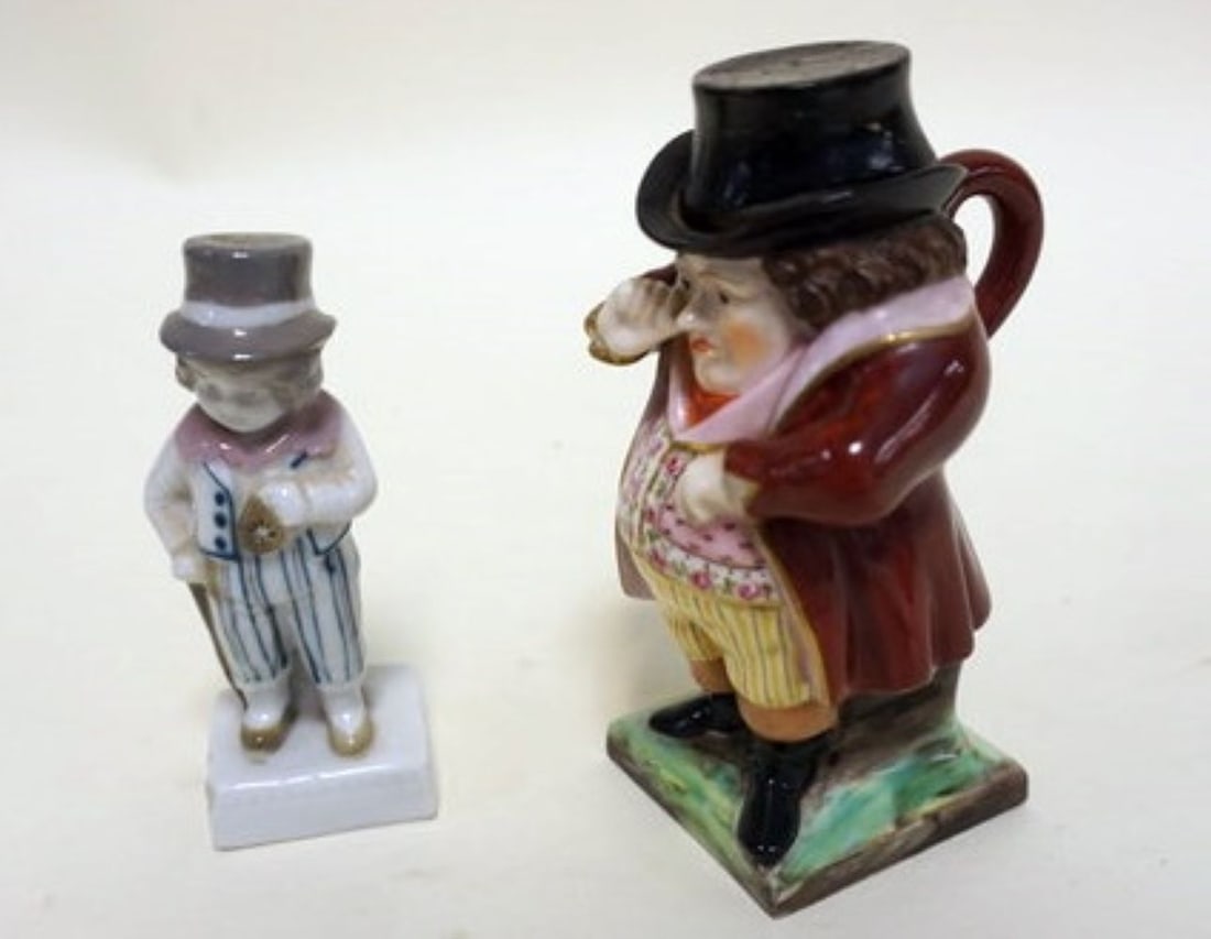 CROWN DERBY PITCHER AND DICKENS FIGURE: MINIATURE CROWN DERBY PITCHER AND DICKENS FIGURE, REPAIR TO TOP HAT LID