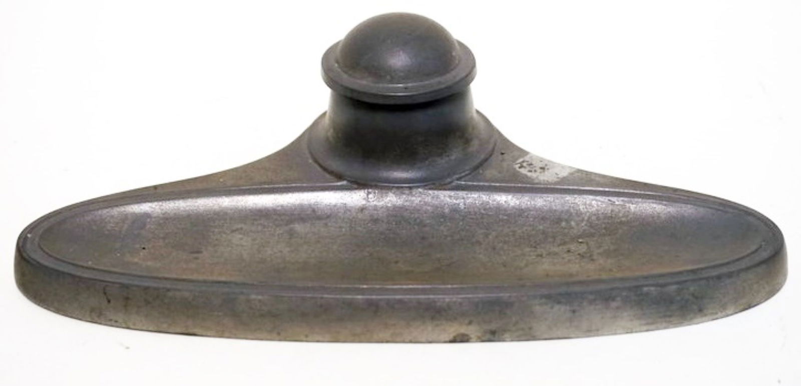 PEWTER INKWELL: PEWTER INKWELL AND PEN TRAY WITH COLBALT GLASS WELL, APPROXIMATELY 11 IN X 6 IN X 2 IN H
