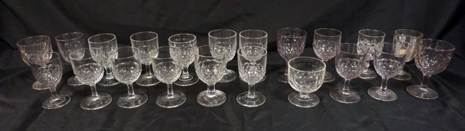 ANTIQUE PATTERN GLASS GOBLETS: LARGE GROUP OF ANTIQUE PATTERN GLASS GOBLETS, MOST ARE HONEYCOMB PATTERN, APPROXIMATELY 6 IN H