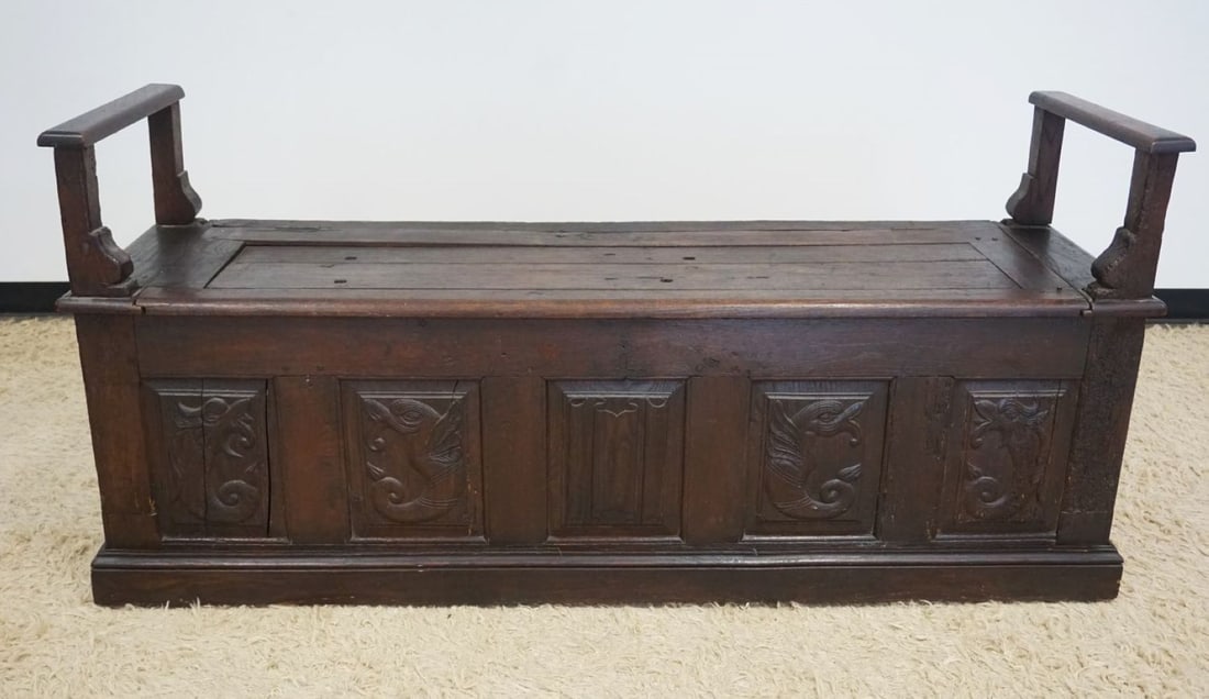 ANTIQUE CONTENTIAL OAK CARVED LIFT TOP BENCH (1 of 8)