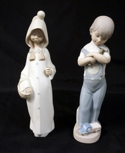 LLADRO FIGURINES: LLADRO FIGURINES, YOUNG BOY W/HAMMER & TOYS & GIRL W/BASKET MISSING STICK, EACH APPROXIMATELY 9 IN HIGH, MATTE FINISH