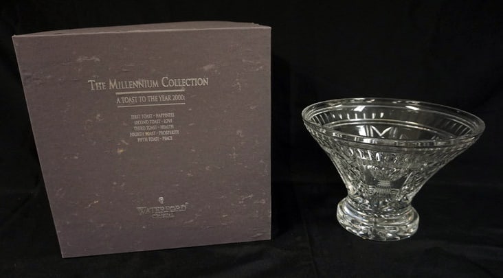 WATERFROD CRYSTAL CENTER PIECE BOWL: WATERFORD CRYSTAL MILLENNIUM COLLECTION CENTERPIECE BOWL, APPROXIMATELY 11 IN X 8 IN H