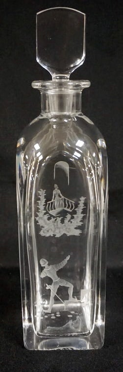 ORREFERS DECANTER: ORREFERS DECANTER WITH ENGRAVED IMAGES, APPROXIMATELY 12 1/2 IN H