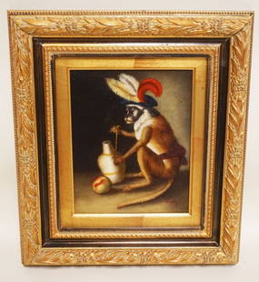 CONTEMPORARY OIL PAINTING ON CANVAS: CONTEMPORARY OIL PAINTING ON CANVAS OF MONKEY IN HEAD DRESS, APPROXIMATELY 15 IN X 17 IN OVERALL