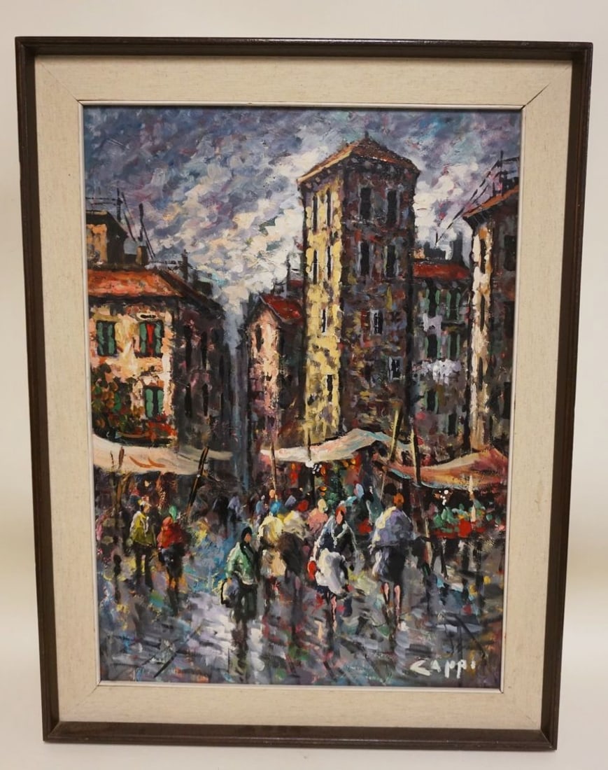 OIL PAINTING ON CANVAS: OIL PAINTING ON CANVAS, IMPRESSIONIST STREET SCENE SIGNED TULLIO CAPPI, APPROXIMATELY 24 IN X 32 IN OVERALL