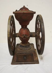 ANTIQUE DOUBLE WHEEL MERIDEN COFFEE GRINDER: ANTIQUE DOUBLE WHEEL MERIDEN COFFEE GRINDER, #700 THE CHAS PARKER CO MAKERS, CT USA, APPROXIMATELY 23 IN HIGH