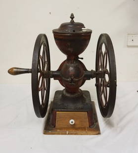 ANTIQUE DOUBLE WHEEL COFFEE GRINDER: ANTIQUE DOUBLE WHEEL COFFEE GRINDER, ENTERPRISE, BOTTOM WOOD DRAWER REPLACED