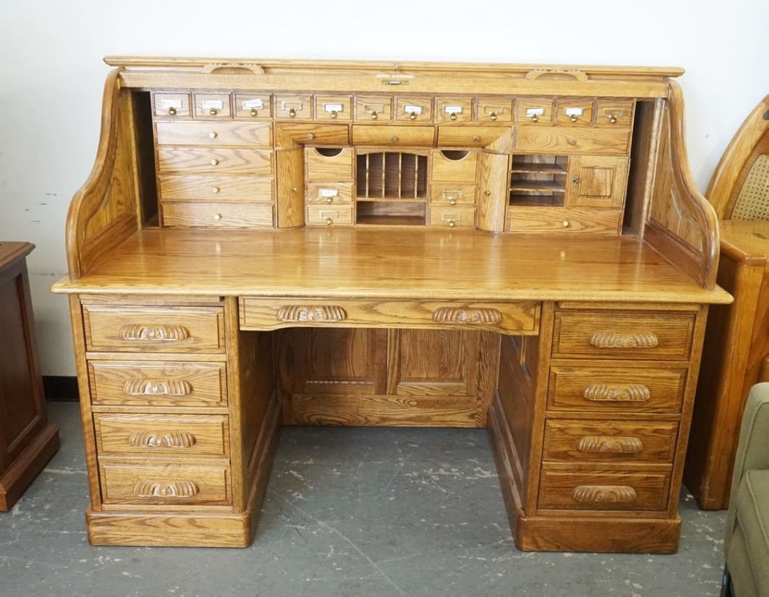 Contemporary Solid Oak Roll Top Desk