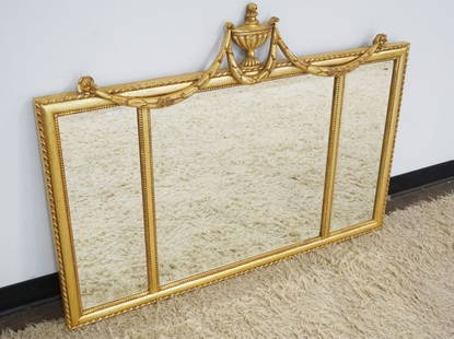 ETHAN ALLEN BEVEL EDGED TRIPLE HANGING MIRROR: ETHAN ALLEN BEVEL EDGED TRIPLE HANGING MIRROR IN GILT FRAME W/URN CREST