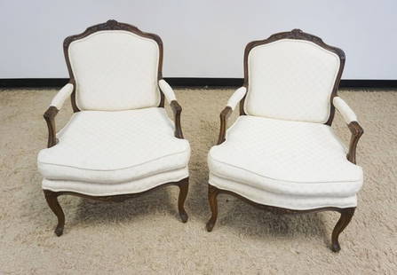 PAIR OF BAKER FRENCH PROVINCIAL ARMCHAIRS: PAIR OF BAKER FRENCH PROVINCIAL ARMCHAIRS, BOTH REMOVABLE SEAT CUSHIONS HAVE STAINS