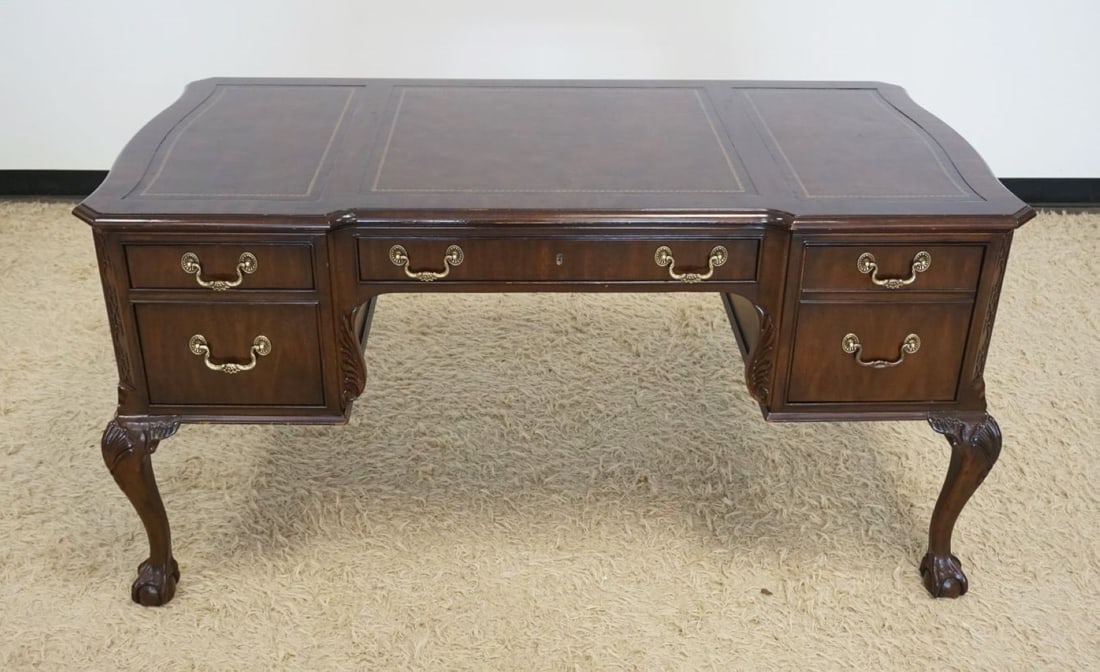 HERITAGE MAHOGANY BALL & CLAW FOOT DESK: HERITAGE MAHOGANY BALL & CLAW FOOT DESK W/INSET LEATHER TOP, APPROXIMATELY 60 IN X 30 IN X 31 IN HIGH