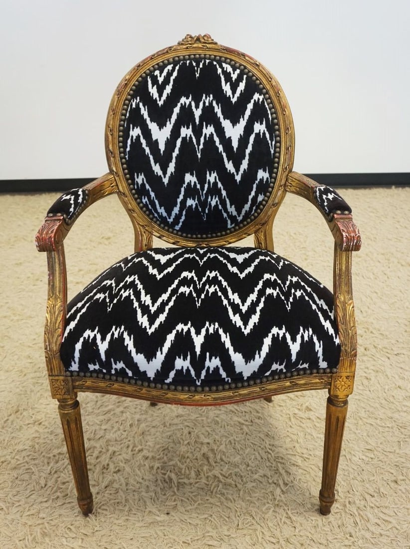 ITALIAN GILT DECORATED UPHOLSTERED ARMCHAIR: ITALIAN GILT DECORATED UPHOLSTERED ARMCHAIR
