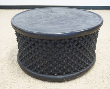 BAMILEVE AFRICAN CARVED ROUND TABLE: BAMILEVE AFRICAN CARVED LATTICE WORK WOOD ROUND TABLE, APPROXIMATELY 34 IN X 19 IN HIGH