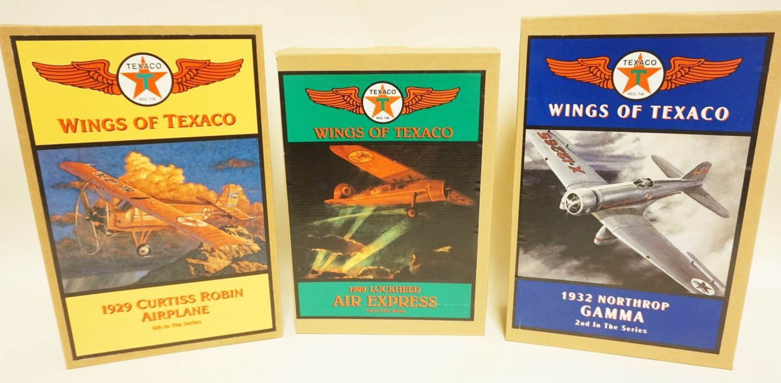 3 WINGS OF TEXACO AIRPLANE BANKS: 3 WINGS OF TEXACO DIE CAST AIRPLANE BANKS IN BOXES