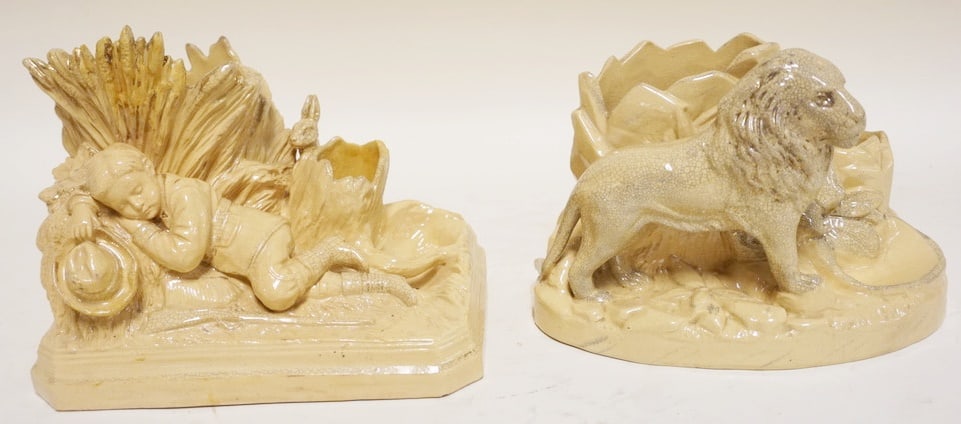 2 YELLOWARE FIGURAL PIPE, TOBACCO & MATCH HOLDERS (1 of 4)