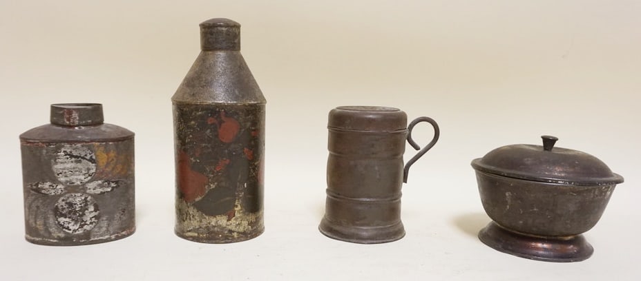 GROUP OF ASSORTED ANTIQUE TIN CANISTERS, ETC (1 of 3)