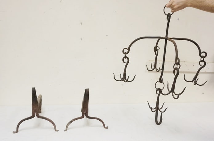 PAIR OF HAND FORGED FIREPLACE ANDIRONS & MEAT HOOK (1 of 2)