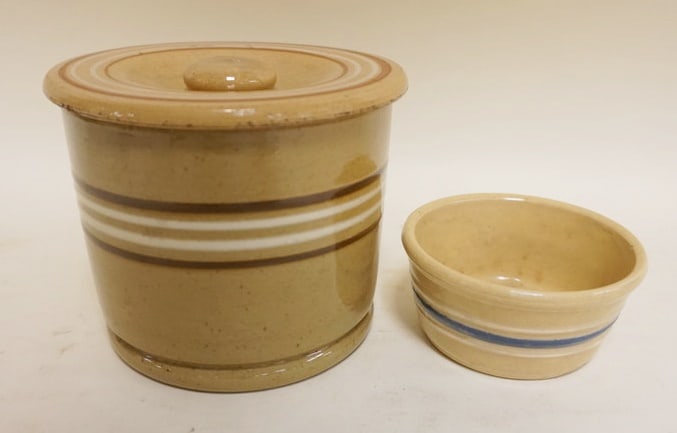 YELLOWARE COVERED JAR & SMALL BOWL: YELLOWARE COVERED JAR & SMALL BOWL, JAR APPROXIMATELY 6 IN X 5 IN HIGH