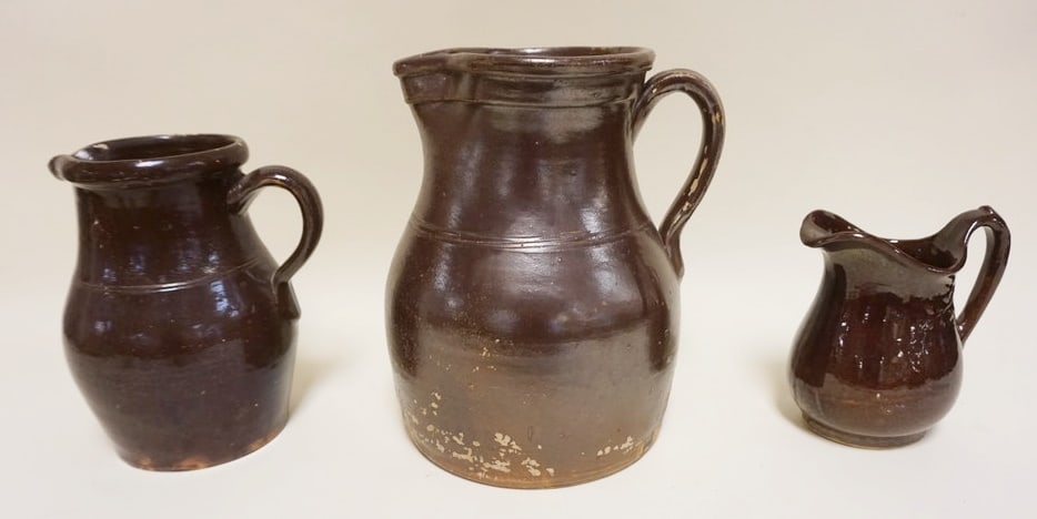 BROWN GLAZED STONEWARE BATTER & CREAM PITCHERS (1 of 3)