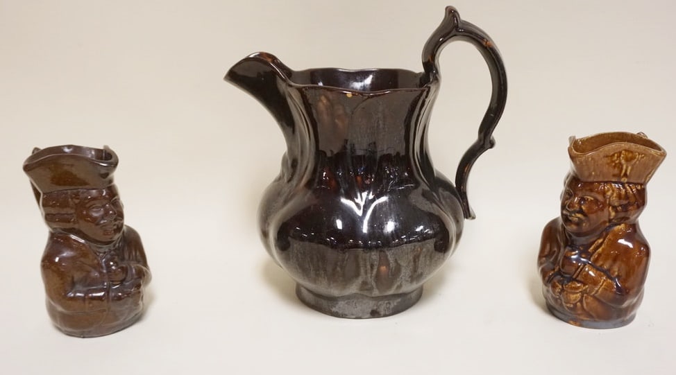 BROWN GLAZED PITCHER & 2 SMALL TOBIES (1 of 3)