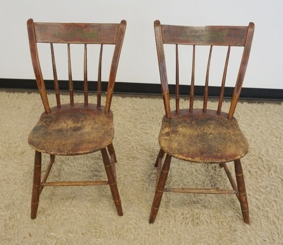 PAIR COUNTRY PAINT DECORATED PLANK BOTTOM CHAIRS (1 of 2)