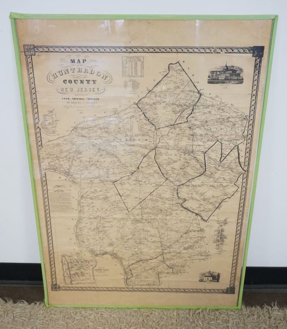 1851 MAP OF HUNTERDON CO: 1851 MAP OF HUNTERDON CO UNDER GLASS, SAMUEL C CORNELL, APPROXIMATELY 27 1/2 IN X 40 IN