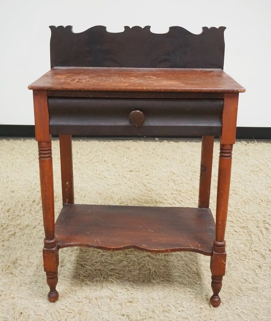 PRIMITIVE 1 DRAWER STAND: PRIMITIVE 1 DRAWER STAND WITH BACK SPLASH, APPROXIMATELY 24 IN X 16 IN X 34 IN H
