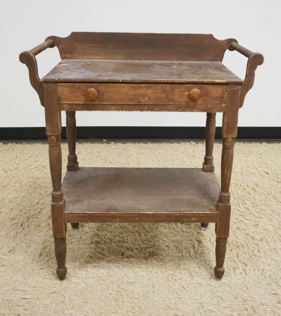 PRIMITIVE 1 DRAWER STAND: PRIMITIVE 1 DRAWER STAND WITH BACK SPLASH AND TOWEL BARS, APPROXIMATELY 29 IN X 14 IN X 33 IN