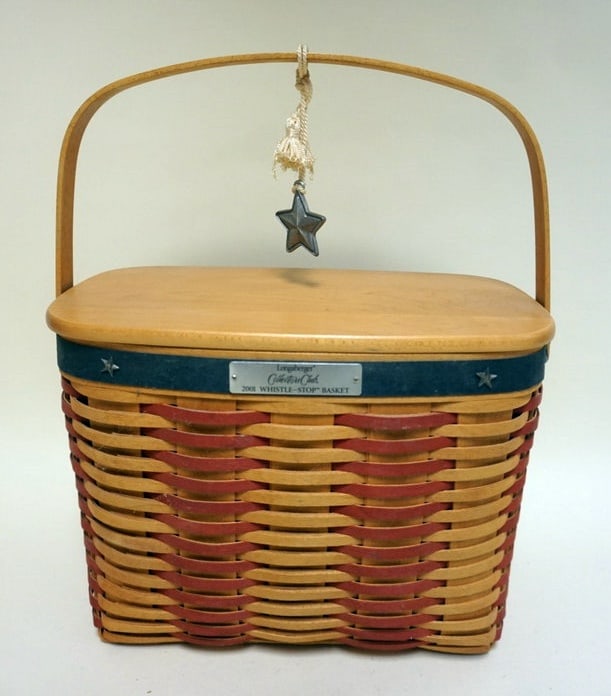 2001 WHISTLE STOP BASKET: 2001 WHISTLE STOP BASKET WITH LINER, PROTECTOR, HANG TIE AND LID, APPROXIATELY 6 1/2 IN X 10 3/4 IN X 8 IN H