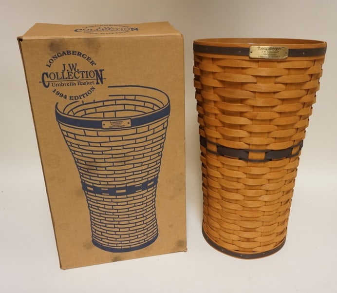 1994 J.W. COLLECTION UMBRELLA BASKET: 1994 J.W. COLLECTION UMBRELLA BASKET WITH BOX, APPROXIMATELY 10 IN DIAMETER X 17 3/4 IN H